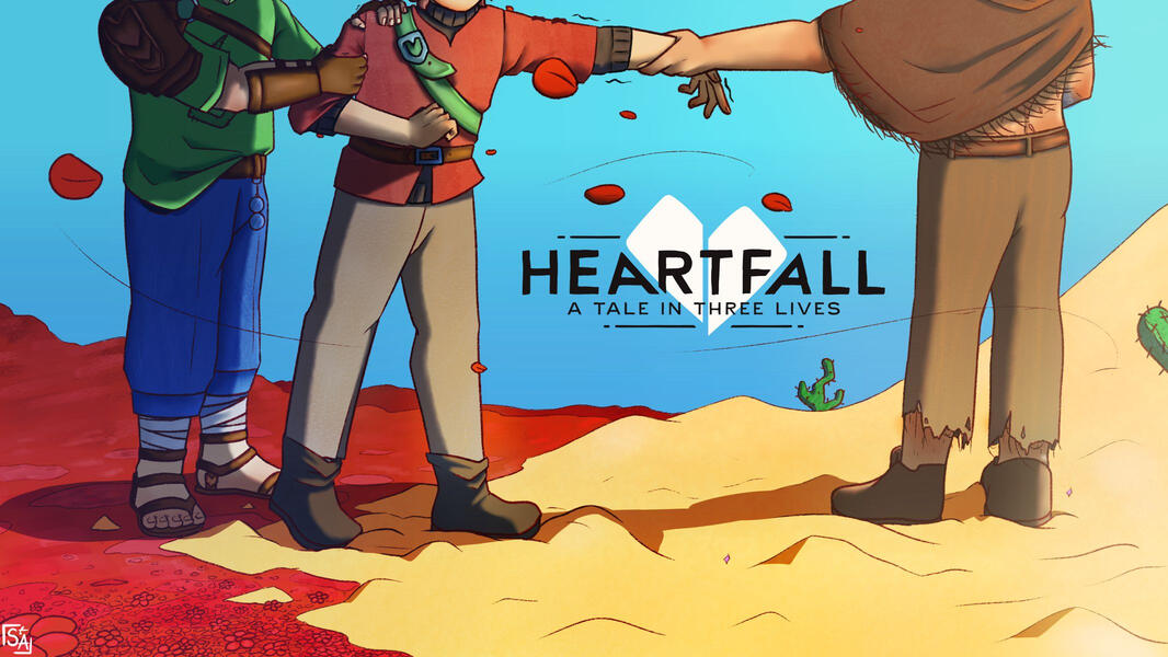 An official marketing piece for Heartfall: A Tale in Three Lives, showcasing a teaser for Route 2, in which the player character is being pulled between two people, one stood in the desert, and one in a field of poppies