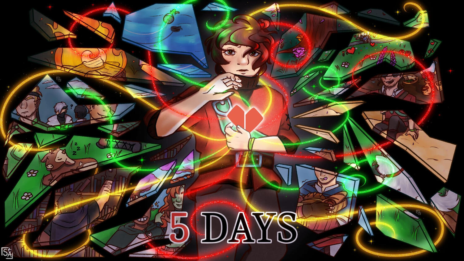 5 Days Left to Heartfall An official marketing piece for Heartfall: A Tale in Three Lives, depicting the player character surrounded by shattered glass, each piece showing a different route and ending the player can experience