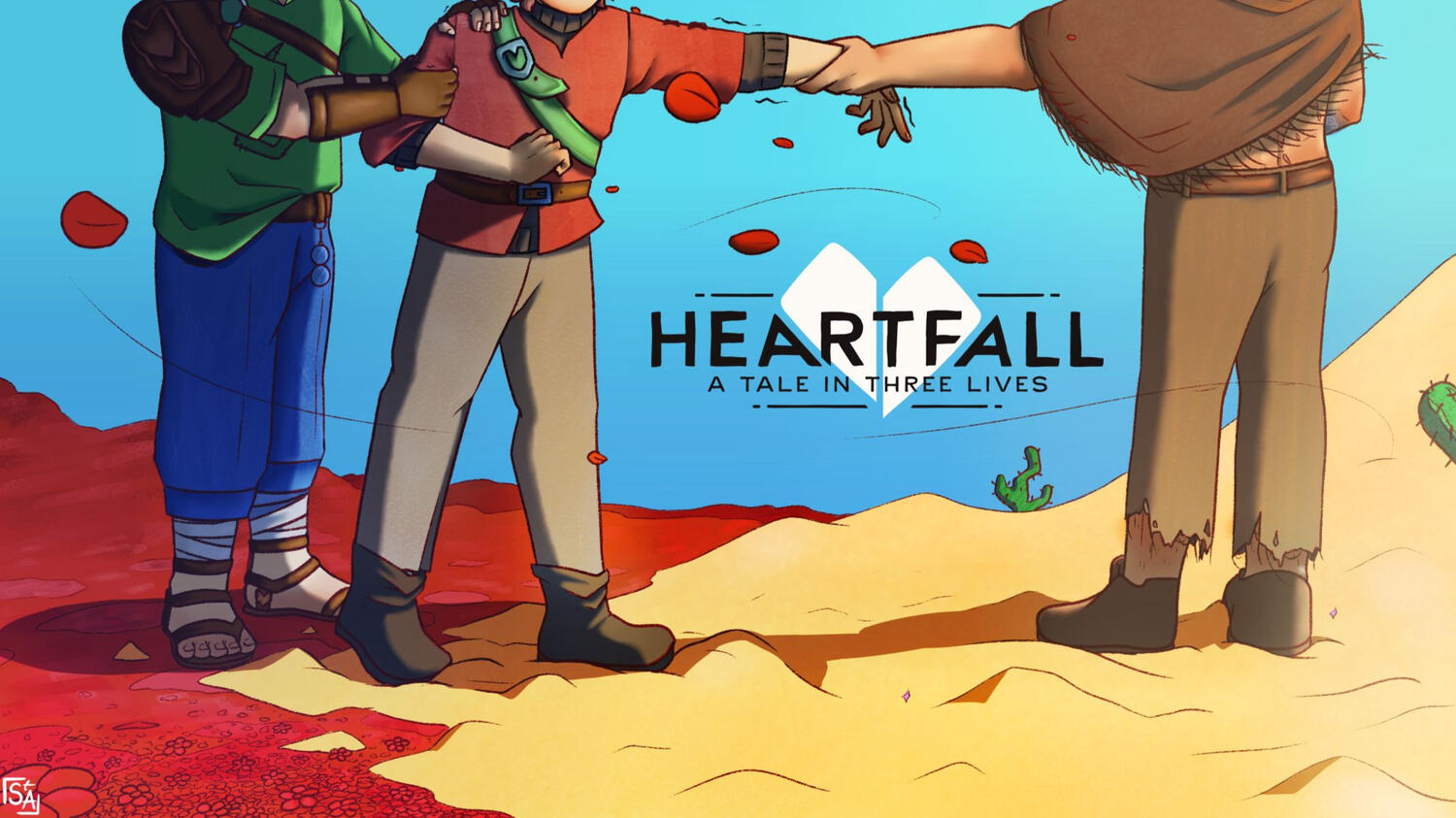 Route 2 Promotional Art An official marketing piece for Heartfall: A Tale in Three Lives, showcasing a teaser for Route 2, in which the player character is being pulled between two people, one stood in the desert, and one in a field of poppies
